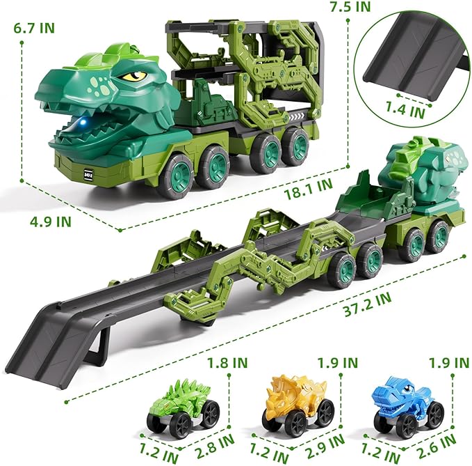 10 in 1 Dinosaur Truck Toys for Kids Toddlers Boys 3-5 4-8, Dino Carrier Truck with Foldable Track, Spray, Light & Sounds and 9 Dino Cars, Birthday Gifts for Kids Boys Girls 3 4 5 6 7 8 Year Old