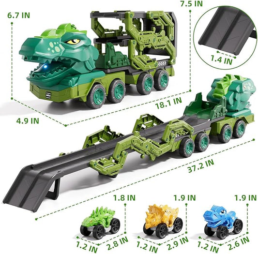 10 in 1 Dinosaur Truck Toys for Kids Toddlers Boys 3-5 4-8, Dino Carrier Truck with Foldable Track, Spray, Light & Sounds and 9 Dino Cars, Birthday Gifts for Kids Boys Girls 3 4 5 6 7 8 Year Old