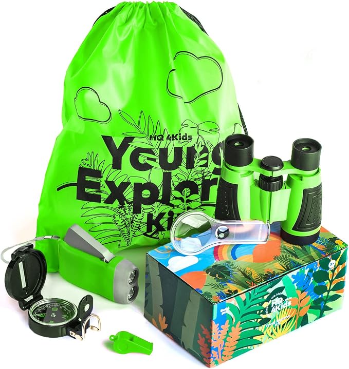 Outdoor Adventure Kit for Kids: Binoculars, Compass, Magnifying Glass & Flashlight. 3-12 Year Old Boys & Girls (Green) (Green) by HQ+4KIDS+BY%3A+WE+4U