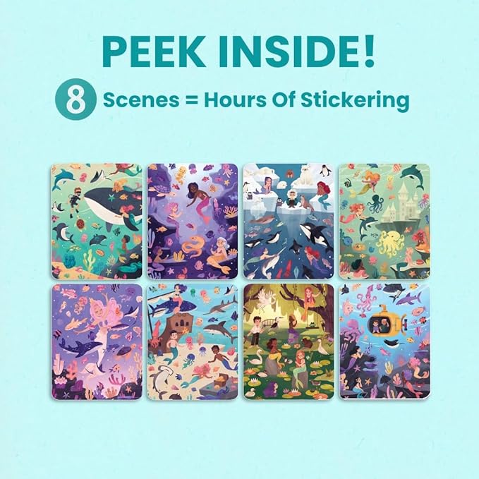 Mermaid Stickers by Cupkin, Toddler Sticker Book for Kids, Fun Toy, Toddler Road Trip Essentials, 300+ Girly Stickers + 8 Sticker Scenes and Coloring Pages, Mermaid Stickers Ages 2+