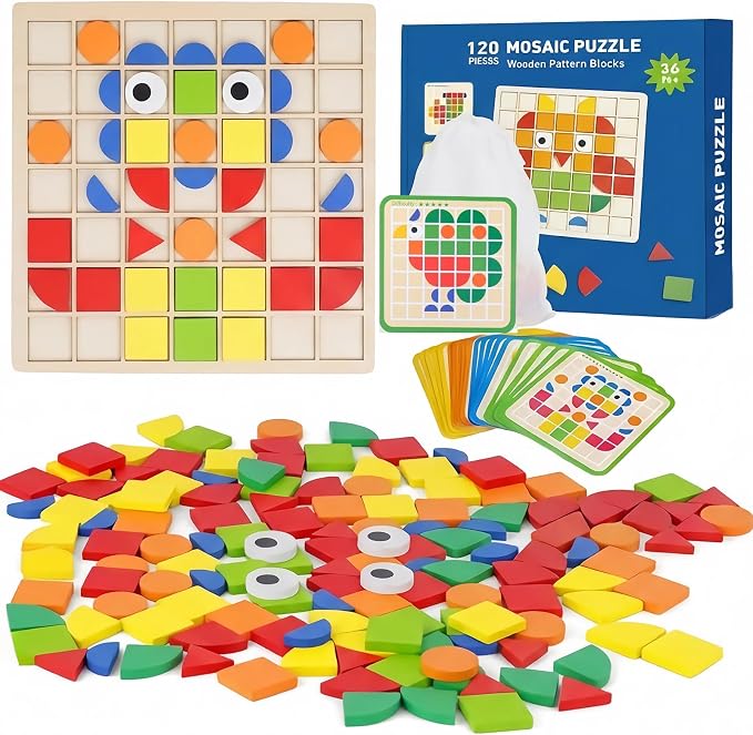 Wooden Pattern Blocks Set 120 Pcs Geometric Shapes Puzzle Classic Montessori Educational Tangram Toys with 24 Design Cards for 4-8 Year Old Kids by Unknown