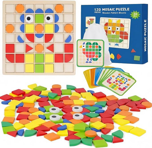 Wooden Pattern Blocks Set 120 Pcs Geometric Shapes Puzzle Classic Montessori Educational Tangram Toys with 24 Design Cards for 4-8 Year Old Kids by Unknown