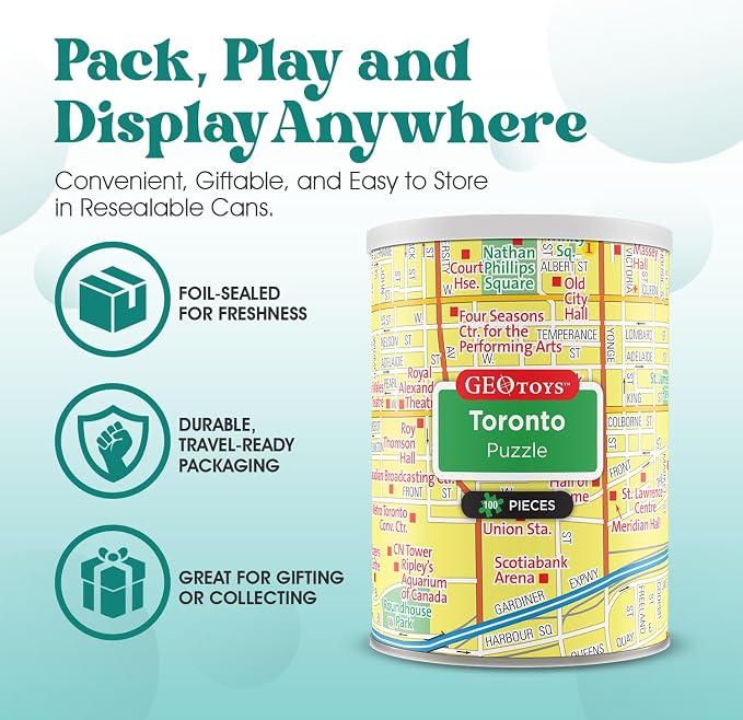 Geotoys Toronto Mini Puzzle - 100 Piece Puzzles for Kids and Adults in Portable Can, 13" x 10" Educational Travel Puzzle for Ages 7 and Up - Mini Puzzles to Learn & Explore Geography - Image 3