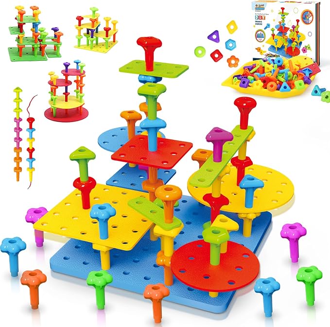 Peg Board Toy set 73Pcs DIY Building Stacking Toys for Kids 3-6 Years Old,STEM Educational Kids Toy for Brain Development,Montessori Sensory Toys,Upgrade Various Foam Board Plastic Lacing String Game by StrawBuildingClub