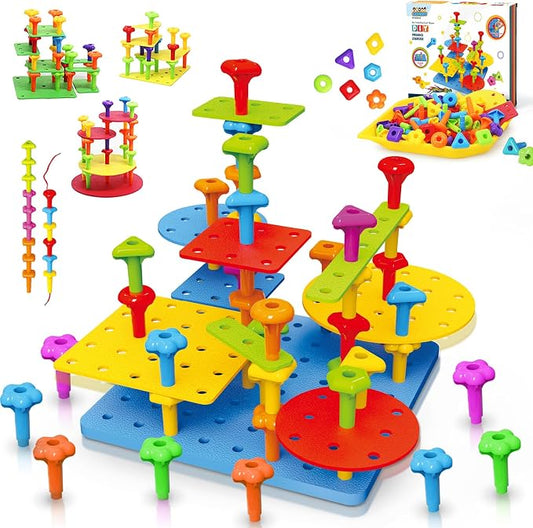 Peg Board Toy set 73Pcs DIY Building Stacking Toys for Kids 3-6 Years Old,STEM Educational Kids Toy for Brain Development,Montessori Sensory Toys,Upgrade Various Foam Board Plastic Lacing String Game by StrawBuildingClub