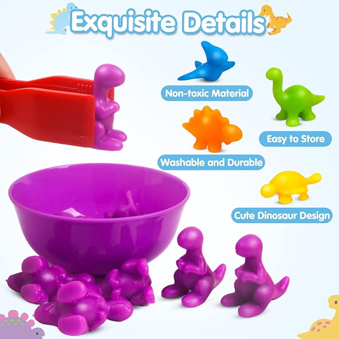 GKDOMS Counting Dinosaurs Toys Matching Game with Sorting Bowls Preschool Learning Activities Montessori Sensory Toys for Math Color Sorting, Party Favors Birthday Gift for Toddlers - Image 2