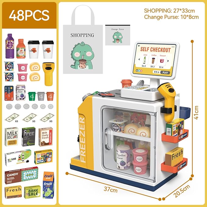 Kids Cash Register Playset - 48PCS Play Money, Calculator, Scanner,Ages 3+ - Image 3