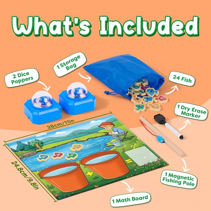 Magnetic Fishing Math Game for Kids 3-5, Montessori Counting Toy with Dice Poppers, Preschool Math Manipulatives Board Game, Addition and Subtraction Dice Game for Homeschool Classroom - Image 3