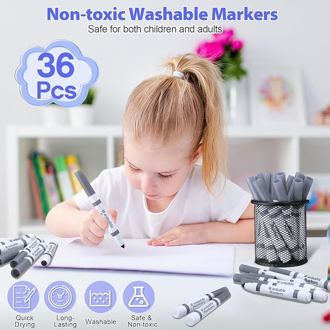 Janlaugh 36 Pcs Gray Washable Markers Bulk Coloring Broad Line Markers for Gray Conical Tip Drawing Pen for Christmas, Supplies, Travel Art Shower Gender Reveal Party Supplies, Ages 6+