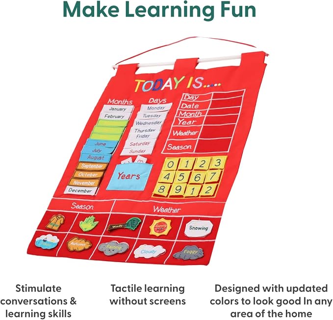 The Peanutshell Learning Calendar Wall Chart - Homeschool Supplies, Interactive Pocket Chart for Toddlers & Kids - Preschool Learning Activity Board, Circle Time Board for Classroom - Red Today is - Image 2