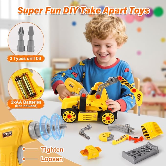 Construction Toys for 3 4 5 6 7 8 Year Old Boys 9 in 3 Take Apart Toys with Electric Drill Take Apart Truck Set DIY Engineering Building Toy Push & Go STEM Toy Gift for Boys Toys Age 6-8