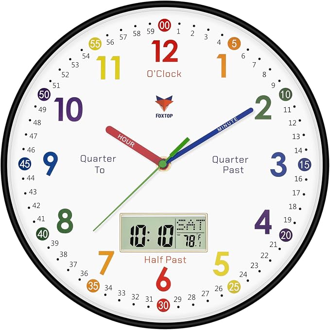Foxtop Digital and Analog Learning Clock for Kids - Telling Time Teaching Clock 12 Inch Silent Non-Ticking Battery Operated Kids Wall Clock for Kids Room Playroom Nursery Classroom School (Black) by Foxtop