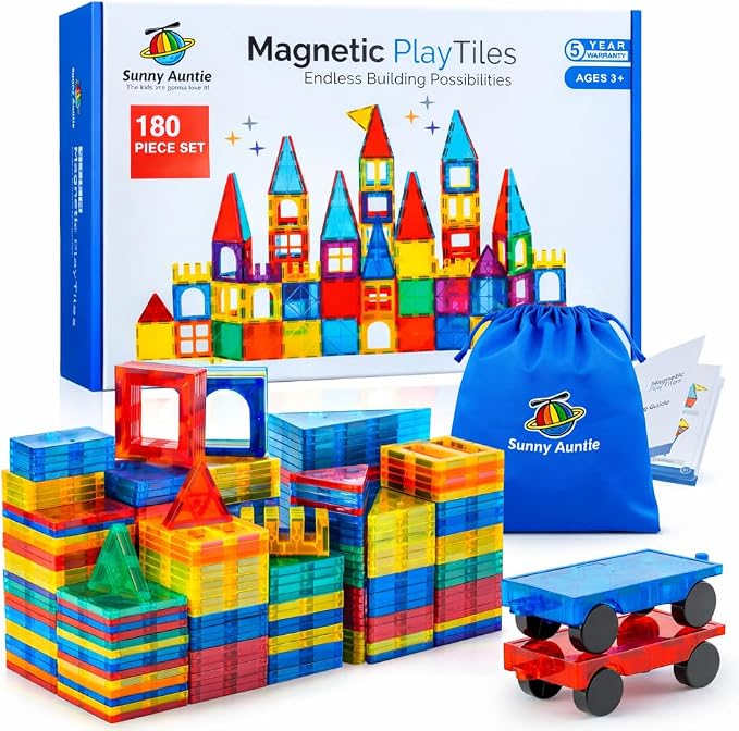 SUNNY AUNTIE Magnetic Tiles STEM Toys Building Set, Ages 3+ - 180 Pieces by SUNNYAUNTIE