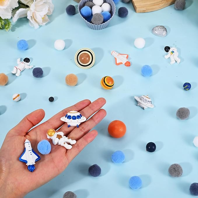 Sanixn 152 Pcs Space Sensory Bin Fillers Outer Space Fine Motor Skills Astronauts Sensory Bin Item Pompoms Cups Tweezers Scissor Clips for Preschool Education Activities Sorting Counting(Space) - Image 5