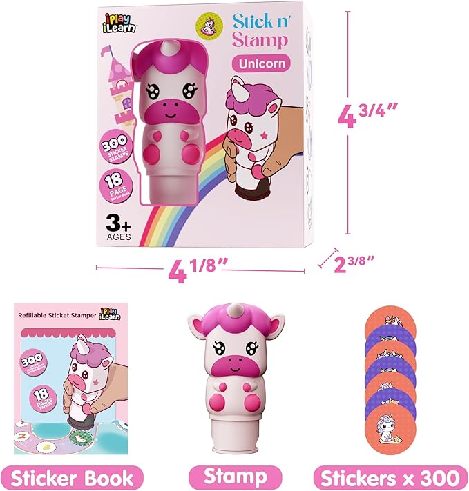 iPlay, iLearn Kids Unicorn Sticker Stamp Activity Set - 400+ Stickers 18-Page Activity Book, Toddler Creative Mess-Free Art Craft Educational Travel Toy, Birthday Stocking Gift 3 4 5 6 Yr Old Girl Boy