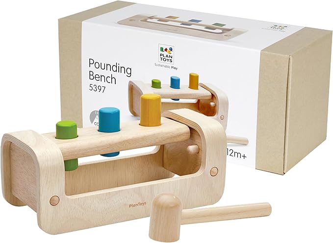 PlanToys® Pounding Bench Wooden Hammer Toy for Kids Ages 3+ | Montessori Fine Motor & Hand-Eye Coordination Activity for Focus & Strength | Eco-Friendly Educational Toy
