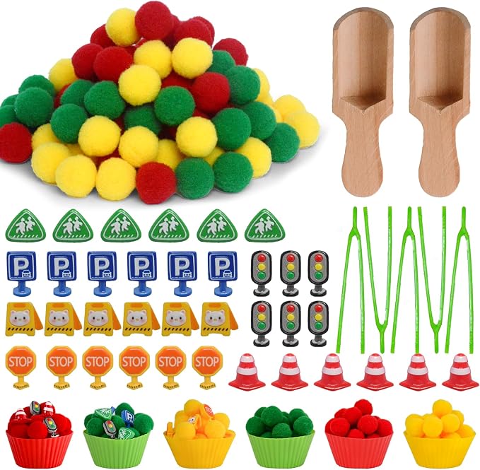 169pcs Traffic Signs Sensory Bin Filler Fine Motor Toys Traffic-themed Sensory Bin Items Traffic Light Stop Sign Traffic Cones Parking Sign Crosswalk Pom Poms for Preschool Color Counting Sorting by Unvola