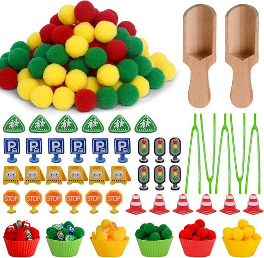 169pcs Traffic Signs Sensory Bin Filler Fine Motor Toys Traffic-themed Sensory Bin Items Traffic Light Stop Sign Traffic Cones Parking Sign Crosswalk Pom Poms for Preschool Color Counting Sorting by Unvola