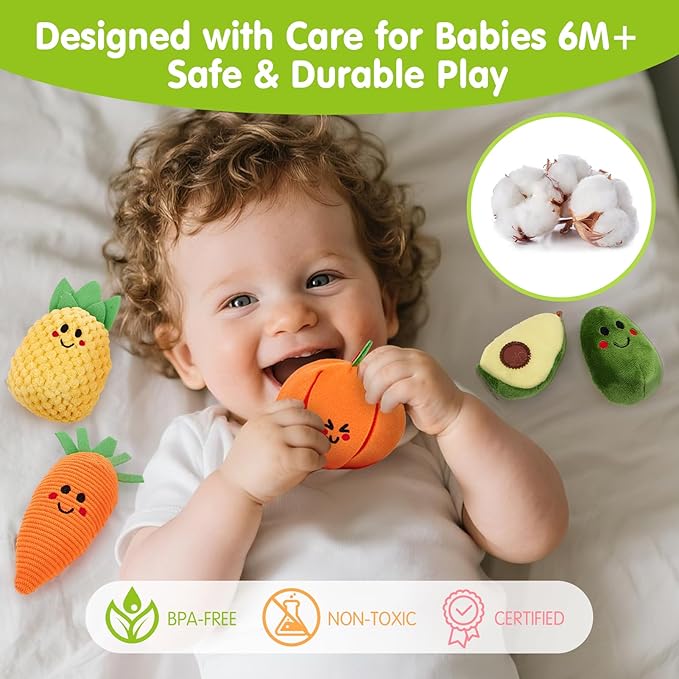 hahaland Montessori Toys for 1 Year Old - Color Sorting Fruits & Veggies Sensory Baby Toys 6-12 Months, 17 PCS Plush Play Food with Caterpillar Storage Bag, Baby Stocking Stuffers First Learning Gifts