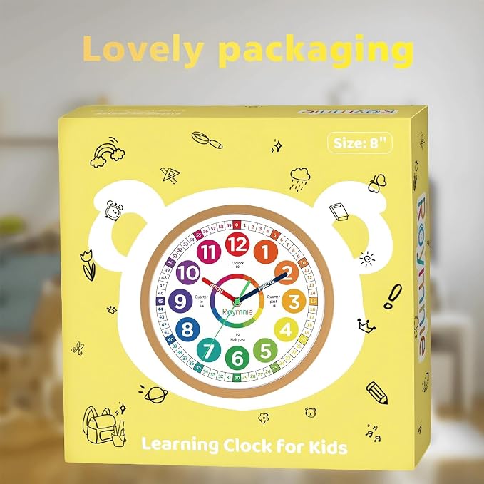 Roymnie Wall Clock for Kids Learning Battery Operated Teaching Silent 8" - Image 3