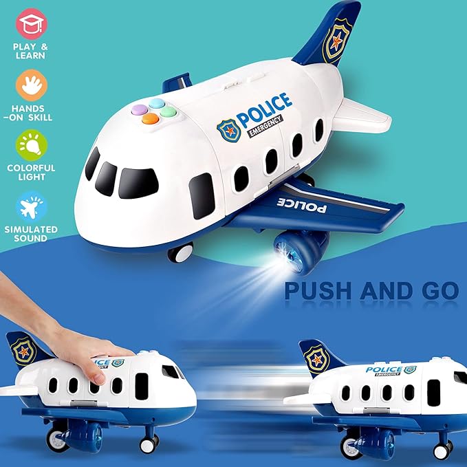 Dwi Dowellin 5 in 1 Airplane Toys with Light and Sound,Police car Toys with Activity Mat, Christmas Birthday Gifts for Kids 3 4 5 6 Year Old Boys Girls