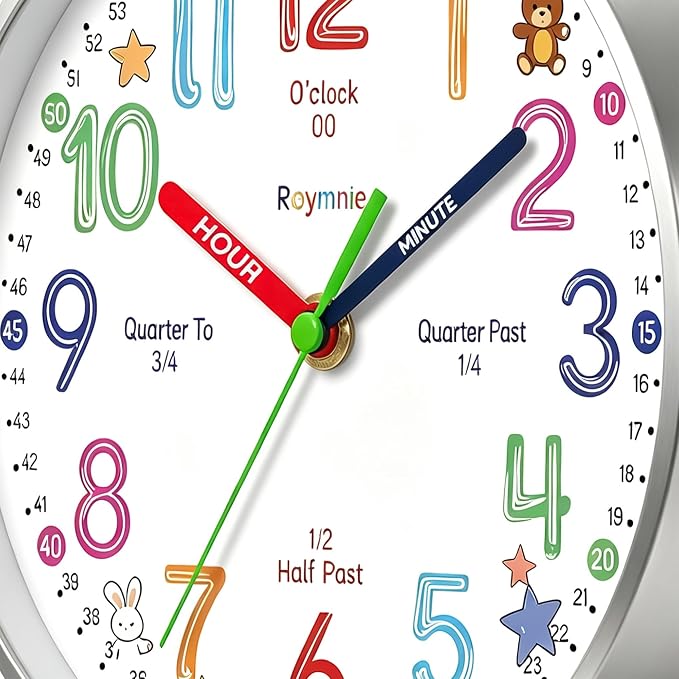 Roymnie Wall Clock Learning Non-Ticking Battery Operated Silent Colorful - Image 9