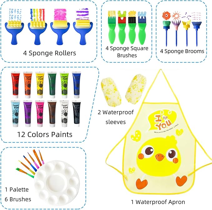 Kids Washable Finger Paint Set, 34 PCS, 12 Colors Non-Toxic Finger Paint Set with Paint Brushes, Sponge, Palette, Smock, Safe Art Supplies for Toddlers Age 3 4 5 6+, Gifts for Boys Girls
