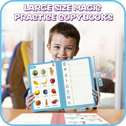 Upgraded Large Size Magic Practice Writing Copybook for Kids, Reusable Copybook Preschool - 4 Books with Pens - Blue Bag - Image 3