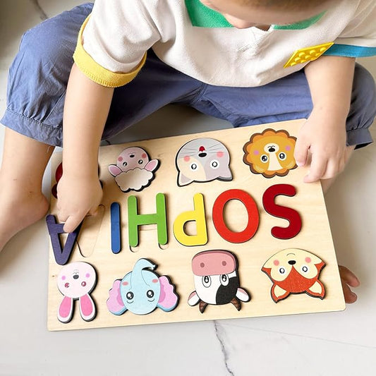 Name Puzzle for Kids Personalized, 1st Birthday Girl and Boy, Custom Baby Easter Gifts with Engraved Text on Back, Montessori Learning Toys for Boy & Girl (Blue Gradient)