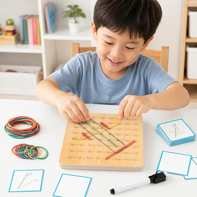 predolo 1 Piece Sensory Toys Geometric Shapes Wooden Math Development Early Learning Manipulatives Pattern Making Suitable for Preschool Classroom 18x18x3.5cm, Large Geoboard (64 pegs) - Image 4