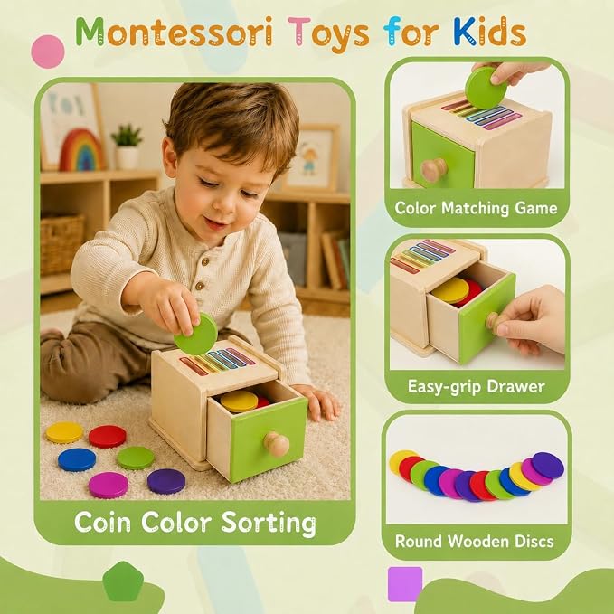 Montessori Toys for 1-3 Year Old: Color Sorting Wooden Drawer Box Toy for Toddlers, Object Permanence and Fine Motor Sensory Toy, 12-18 Months Busy Board Matching Game for Baby Boys and Girls Gifts - Image 3