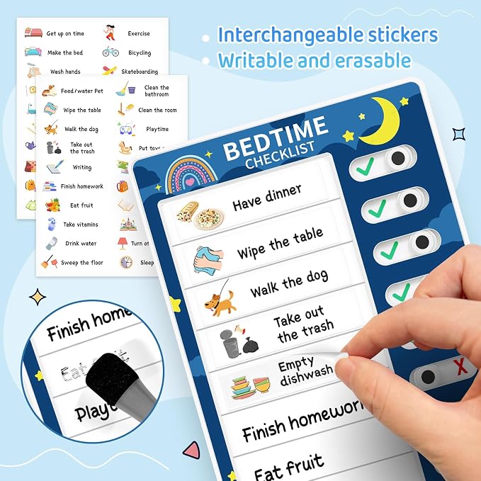 Chore Chart for Kids: Dry Erase Visual Schedule, Magnetic Bedtime/Morning Routine Chart - Toddler Chore Board, Checklist, To Do List for Kids (1 morning checklist, 1 bedtime checklist) - Image 2