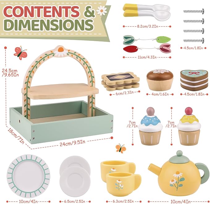 Wooden Tea Sets for Little Girls Play Food Cake Pretend Play Toys - Image 3