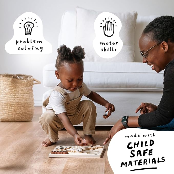 Wee Gallery Wooden Tray Puzzle Safari Animals, Montessori Toy for Toddlers and Preschoolers for Early Learning and Fine Motor Skill Development, Sustainable Educational Puzzle for Kids