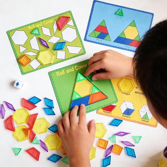 140PCS Translucent Pattern Blocks Set with Activity Game Cards, Geometric Shapes, Light Table Accessories, Math Manipulatives STEM Educational Toy for Kids - Image 5