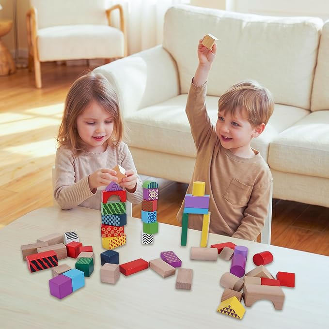 Offelec 50 Pcs Wooden Building Blocks Set with Storage Bucket, Montessori Stacking Blocks & Shape Sorting Toys for Toddlers, Preschool Learning Toys for Boys & Girls, Kids Brightly Colored Blocks - Image 8
