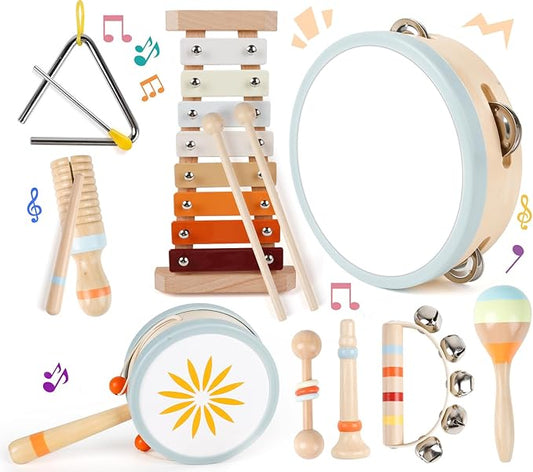 Wooden Toddler Musical Instruments Set, 9PCS Kids Montessori Toys, Baby Toys with Xylophone & Drum, Educational Gift for Ages 1, 2, 3 Year Olds