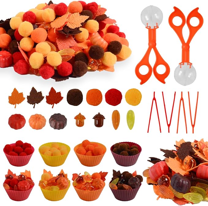 212Pcs Fall Sensory Bin Filler Fine Motor Toys Thanksgiving Sensory Bin Items Counting Sorting Toy 100 Pompoms 60 Felt Leaves 16 Acorns 16 Corns 6 Foam Pumkins for Preschool Education Activities by Unvola