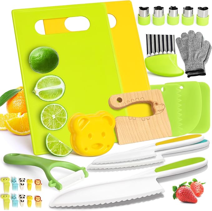 28PCS Toddler Knife Set - Kids Knifes for Real Cooking, Montessori Kids Kitchen Knife Set with Cutting Board Crinkle Cutters Kid Safe Knives, Toddlers Kitchen Tools for Age 2-10 Year Old Girl Boy by SuhctuptxAccompanyUInLife