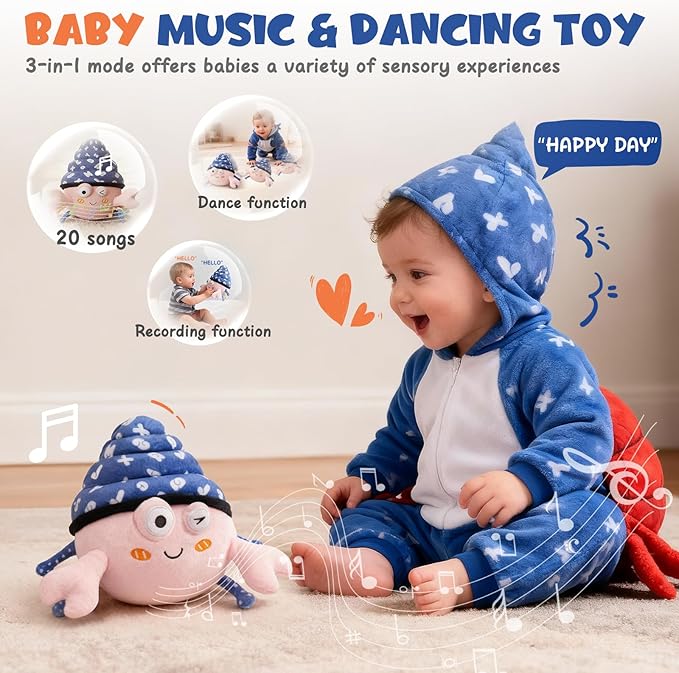 Music Crawling Hermit Crab Baby Toy 6-12 Months,Montessori Toys for 1 Year Old+,Infant Stuffed Animal Toy with Tummy Time Toy & Floor Play,Dancing & Talking Soft Plush Toy for Boys and Girls