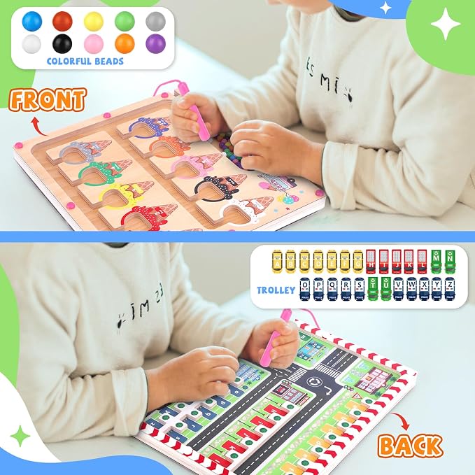 wakeInsa 2 in 1 Magnetic Color and Number Maze,Montessori Toy for 3-6 Years Old,Wooden Magnet Balls Puzzles,Toddler Busy Board Game,Preschool Learning Activities,Christmas & Birthday Gift for Kids - Image 4