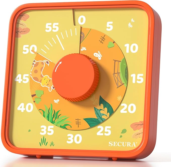 Secura 7.5-Inch Animal Pattern Visual Timer for Kids, 60-Minute Countdown Timer for Classroom or Kitchen, Durable Mechanical Timer Clock with Magnetic Backing (Orange) by Secura