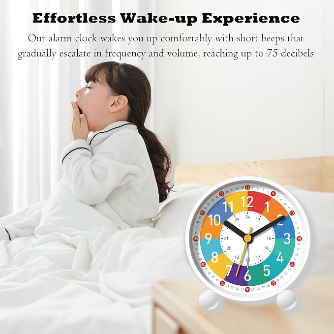 Analog Alarm Clock for Kids Learn to Tell Time with Colorful Dial, Silent Clock Movement, Battery Operated with Back-Light, for Kids,Teens, Travel and Nice Bedroom Decor (White) - Image 3