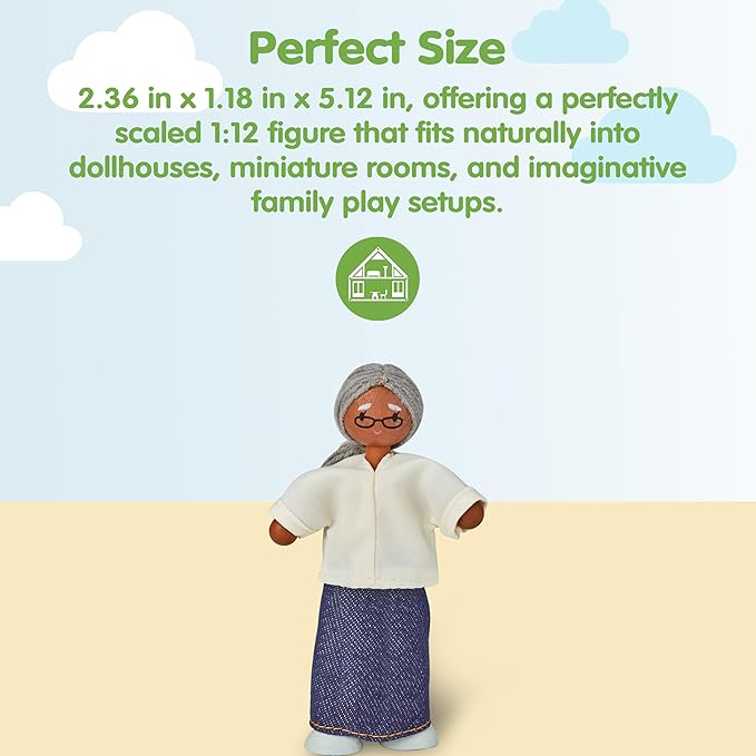 PlanToys® Grandmother Dollhouse Figure - Medium Skin Tone | Poseable 1:12 Scale Dollhouse People | Montessori Pretend Play Doll with Bendable Arms & Legs | Eco-Friendly Wooden Figurine for Kids