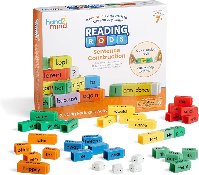 hand2mind Reading Rods Sentence Construction, Sentence Building for Kids, Parts of Speech Linking Cubes, Learn to Read Toys, Reading Tools for Kids, Science of Reading Manipulatives by hand2mind
