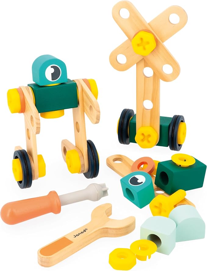 Janod - Brico'Kids 50-Piece Barrel - Building Game Child - Includes 48 Accessories + 2 Tools - Role Play - Promotes Hand Dexterity and Creativity - From 3 Years, J06453 by Janod