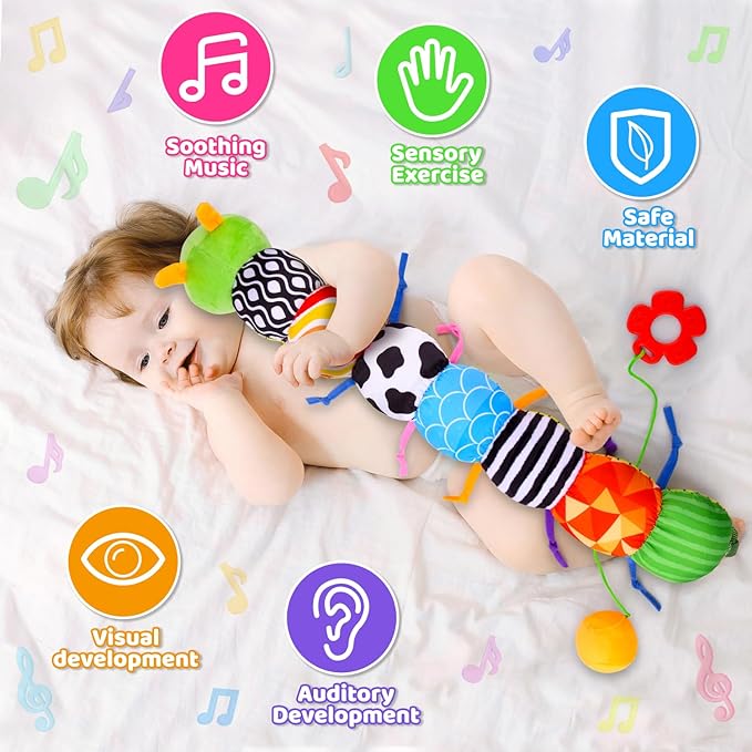 Baby Toys 0-6 6-12 Months, Stuffed Animal Infant Tummy Time Toys Sensory Toys with Crinkle, Rattles, Textures and Mirror Gifts for Newborn Boy Girls Toddlers, Caterpillar Musical Toy (Green)