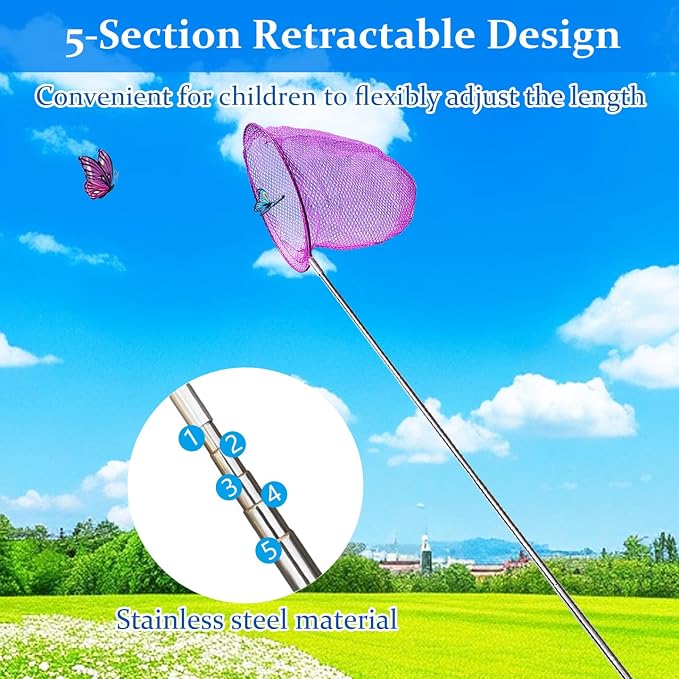 2 Pack Insect Catching Nets, Telescopic Stainless Steel Pole, Fishing Nets,Butterfly Nets, Nature Exploration Toys for Kids Outdoor Playing - Image 3