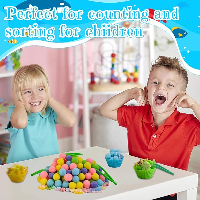 185pcs Summer Ocean Animal Sensory Bin Filler Fine Motor Toys Ocean Animals Sensory Bin Items Resin Crab, Starfish, Sea Snail, Pearl Shell Pom Poms for Preschool Education Counting Sorting - Image 4