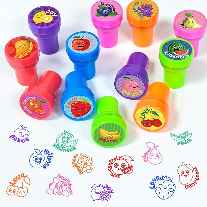 Cinrobiye 24 Pcs Fruit of the Spirit Stampers Party Favor Set, Cute Bible Learning Stamps for Kids Sunday School, Church Classroom Rewards, Faith Based Gifts, Goody Bag Fillers - Image 4